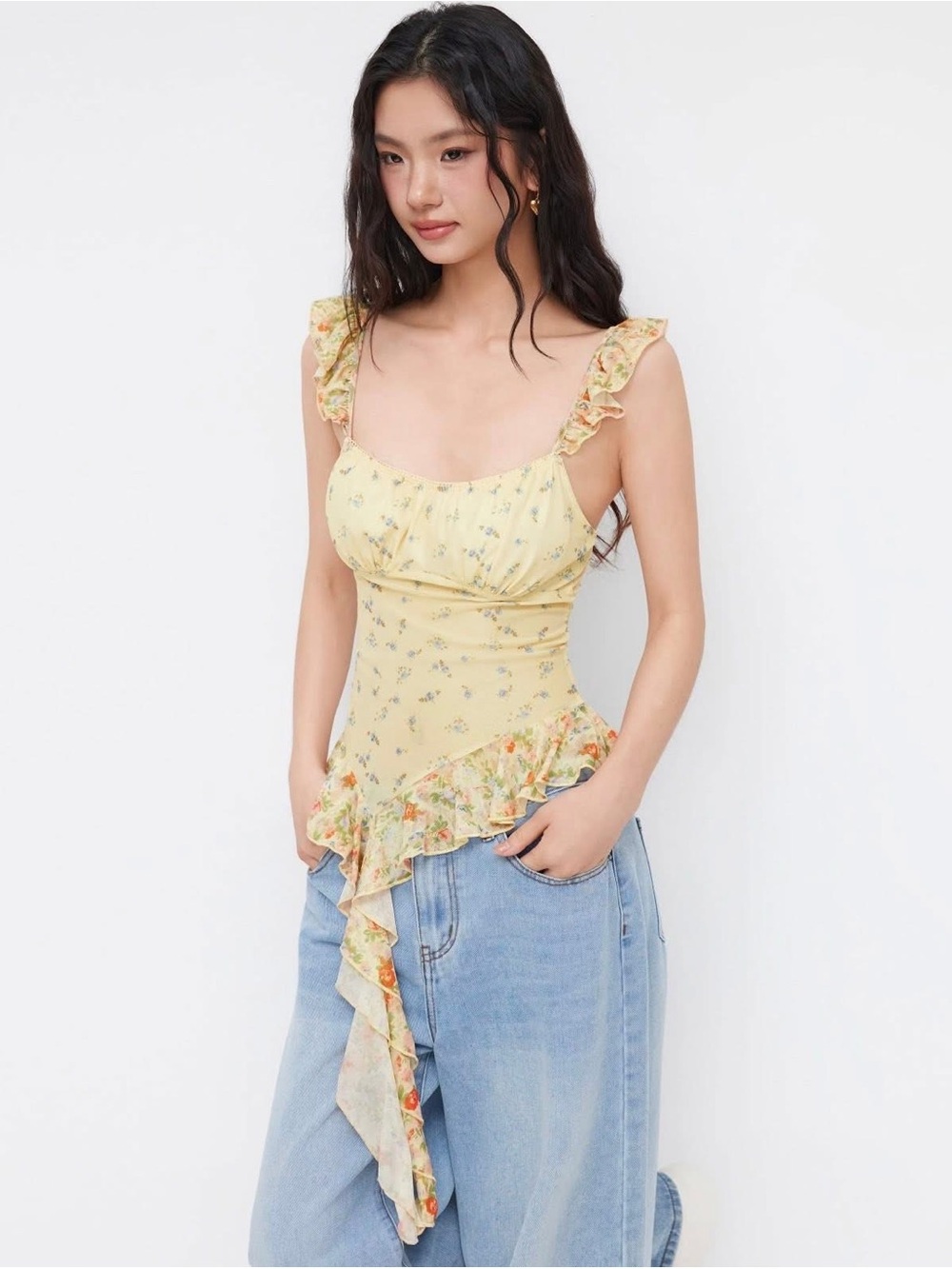 Cider MESH U-NECKLINE DITSY FLORAL RUFFLE ASYMMETRICAL HEM CAMI BLOUSE xs nwt